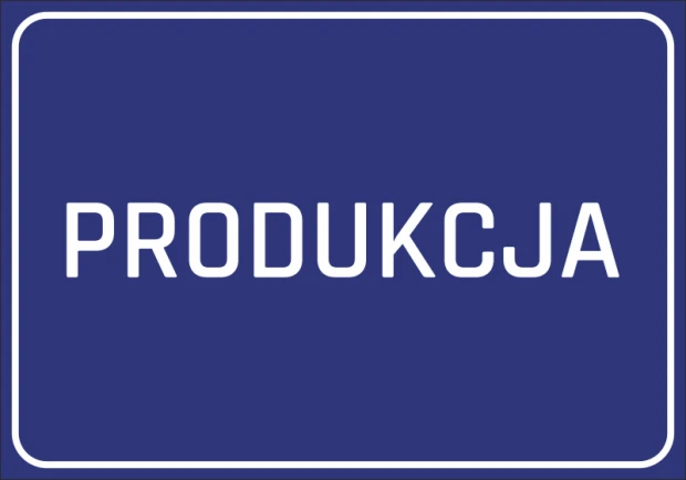 Production sticker - Graphic design. Blue background with large white text reading PRODUCTION.