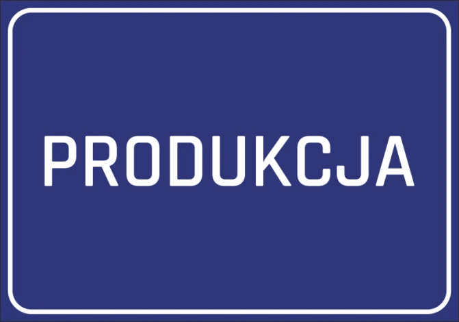 Production sticker - Graphic design. Blue background with large white text reading PRODUCTION.