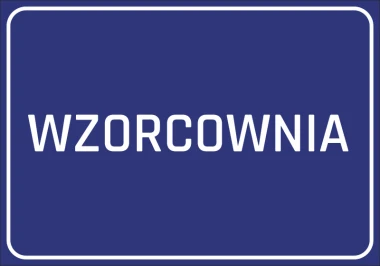 Sticker Wzorcownia - Graphic design. Blue background with large white text reading WZORCOWNIA.