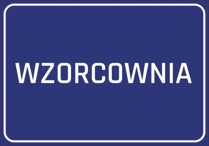 Sticker Wzorcownia - Graphic design. Blue background with large white text reading WZORCOWNIA.
