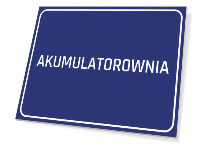 Battery Room Sign - Graphic design. Simple rectangular sign with white text on a blue background.