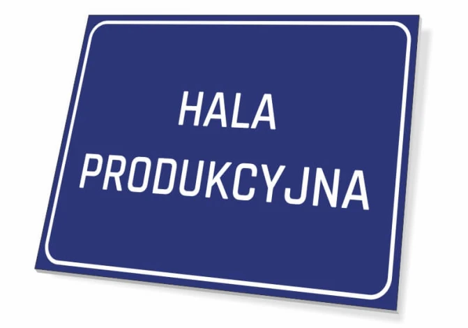 Production Hall Sign - Graphic Design. Simple rectangular sign with a blue background and white text.