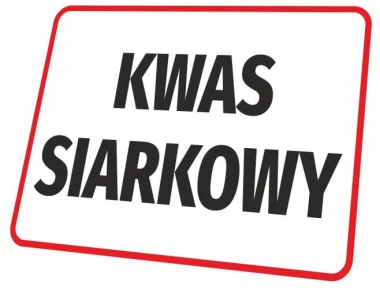 Sulfuric Acid Sign - Graphic design. Simple rectangular shape with large black text on a white background. Red.