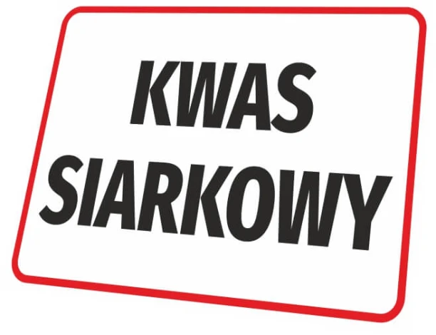 Sulfuric Acid Sign - Graphic design. Simple rectangular shape with large black text on a white background. Red.