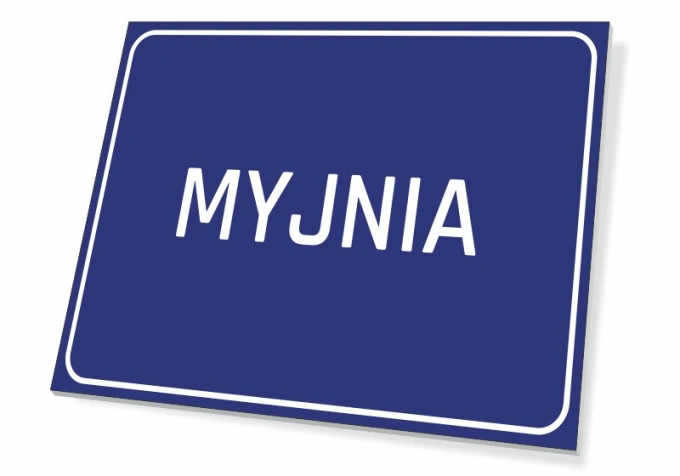 Wash Station Sign - Simple rectangular sign with white MYJNIA text on a blue background.