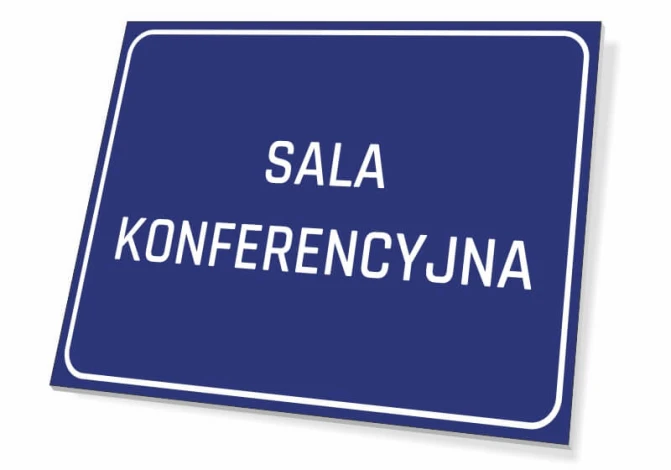 Conference Room Sign - Graphic Design. Rectangular sign with a blue background and white text.