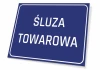Cargo sluice sign - Graphic design. Rectangular sign with a blue background and white text.