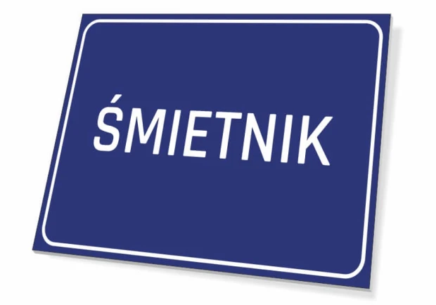 Trash Sign - Graphic Design. Rectangular sign with a blue background and white text reading TRASH.