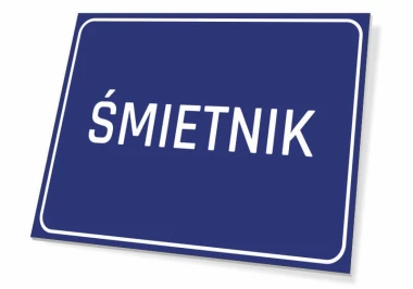 Trash Sign - Graphic Design. Rectangular sign with a blue background and white text reading TRASH.