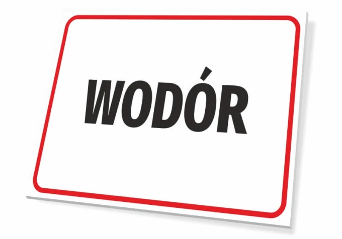 Hydrogen Sign - Graphic design. Simple form with large "HYDROGEN" text on a white background, surrounded by a red frame.