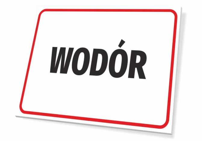 Hydrogen Sign - Graphic design. Simple form with large "HYDROGEN" text on a white background, surrounded by a red frame.