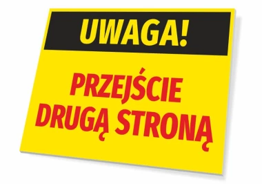 Caution: Cross to the Other Side sign - Graphic design with yellow background, black text at the top, and red at the bottom.