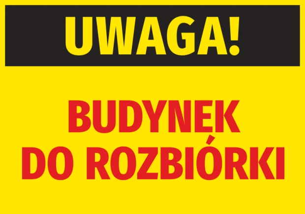 Caution Demolition Building Sticker - Graphic design with large text on yellow background and black top.