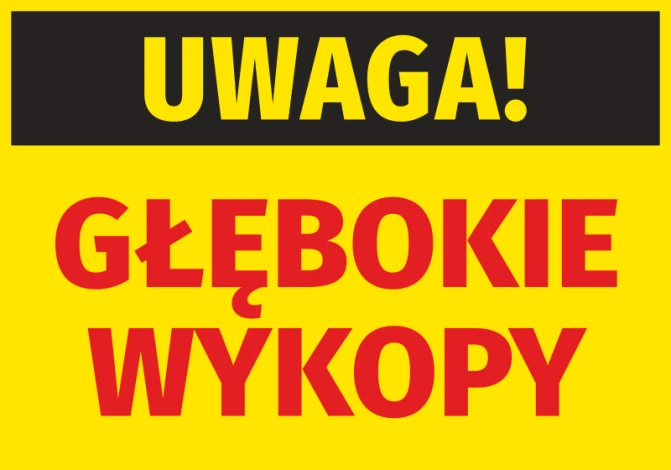 Warning sticker for deep excavations - graphic design with black text on yellow background and red text for deep excavations.