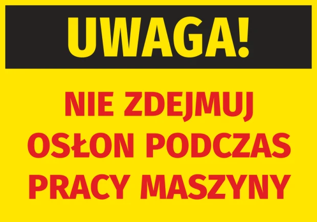 Warning sticker: Do not remove covers during machine operation - Graphic design. Yellow background, black and red text, clear letters.