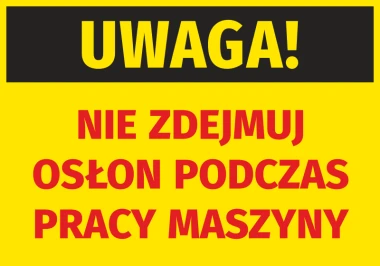 Warning sticker: Do not remove covers during machine operation - Graphic design. Yellow background, black and red text, clear letters.