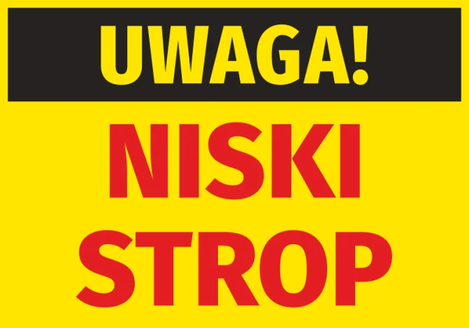 Warning Low Ceiling Sticker - Graphic design with large yellow text on a black background and red letters.