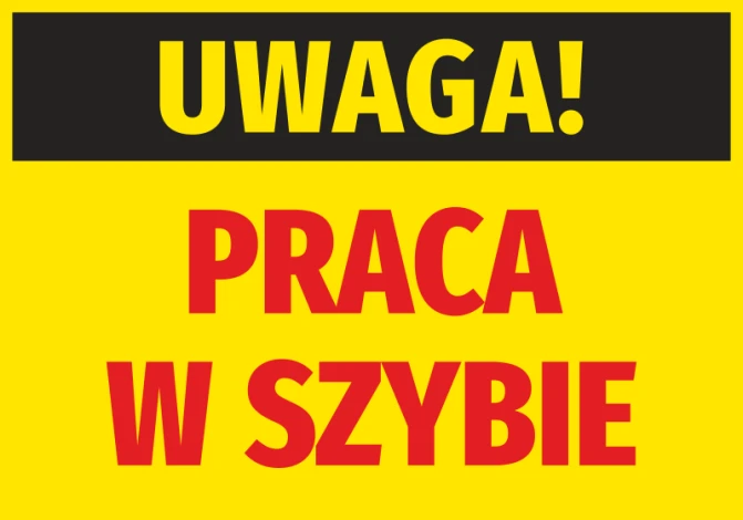 Caution sticker for work in a shaft - graphic design. Yellow background with black "CAUTION!" and red "WORK IN SHAFT".
