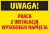 Warning Sticker: High Voltage Work - Graphic Design. Large black text on yellow background. Red accents.