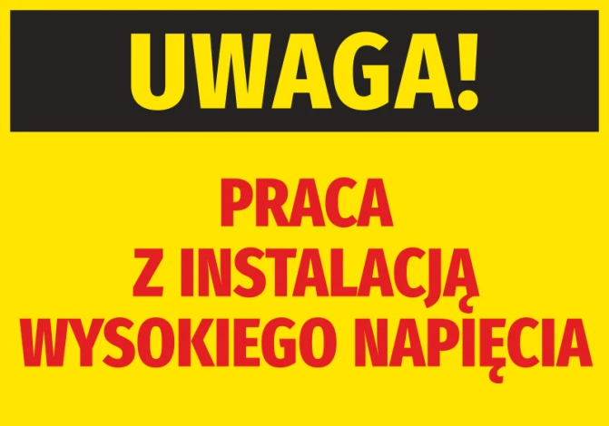 Warning Sticker: High Voltage Work - Graphic Design. Large black text on yellow background. Red accents.