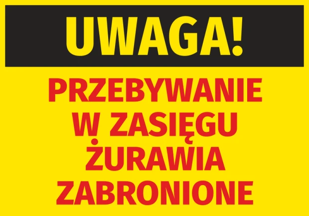 Caution sticker: No entry within crane reach - Graphic design. Yellow background with black and red text.