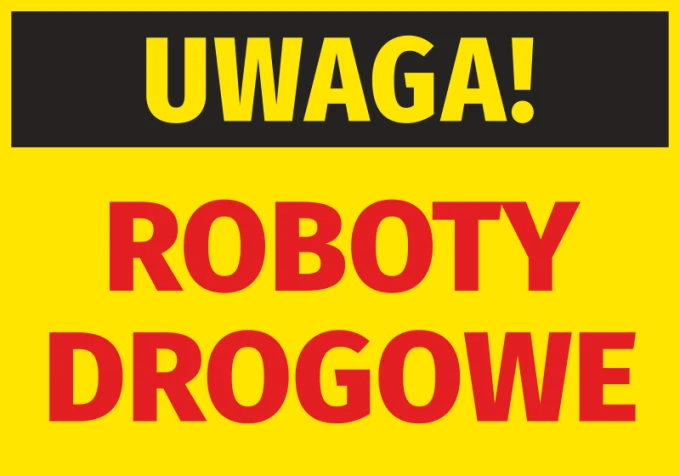 Caution Roadwork Sticker - Graphic design with yellow background and large red letters. Black stripe at the top.