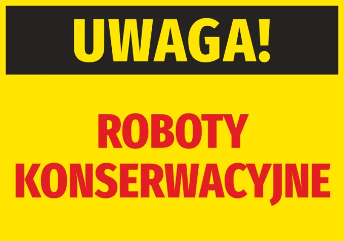 Caution Maintenance Sticker - Graphic Design. Yellow background with large black and red letters.