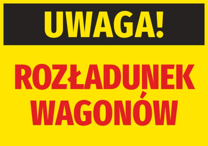 Warning Sticker for Wagon Unloading - Graphic Design. Yellow background with black "WARNING!" and red "WAGON UNLOADING".