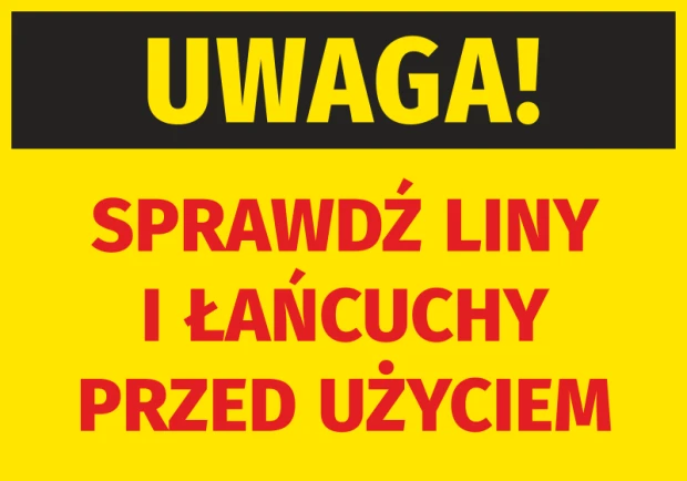 Warning sticker: Check ropes and chains before use - Graphic design. Yellow background with black text and red accents.