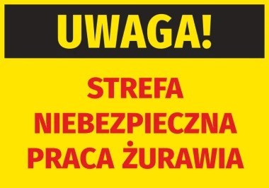 Warning Sticker - Dangerous Area - Crane Operation. Yellow background with black "WARNING!" text and red accents.