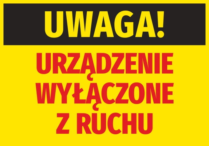 Caution: Device Out of Service sticker - Large black text on yellow background with red letters.