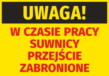 Caution sticker: No entry during crane operation - Graphic design with black and red text on yellow background.
