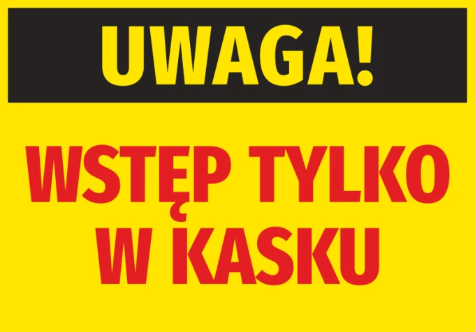Warning Sticker: Entry Only with Helmet - Graphic design. Yellow background with black "WARNING!" and red "ENTRY ONLY WITH HELMET".