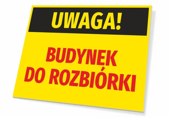 Warning Demolition Building Sign - Graphic design. Rectangular sign with a yellow background and black text.