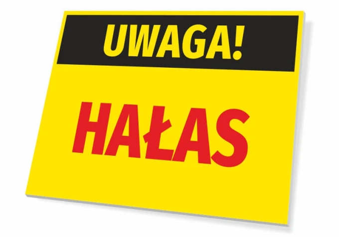 Caution Noise Sign - Graphic design with yellow background, black "Caution" text, and red "Noise" text.