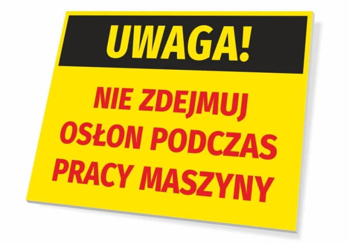 Caution sign: Do not remove covers during machine operation - Graphic design. Yellow background, black header, red text.