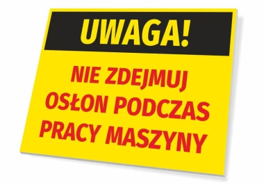Caution sign: Do not remove covers during machine operation - Graphic design. Yellow background, black header, red text.
