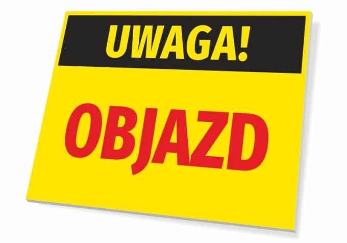 Caution Detour Sign - Rectangular sign with yellow background, black "CAUTION!" text, and red "DETOUR".