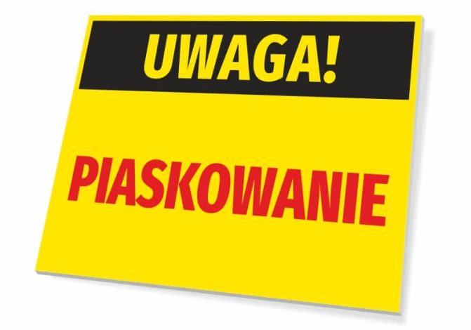 Warning Sandblasting Sign - Rectangular sign with black text on a yellow background and red accents.