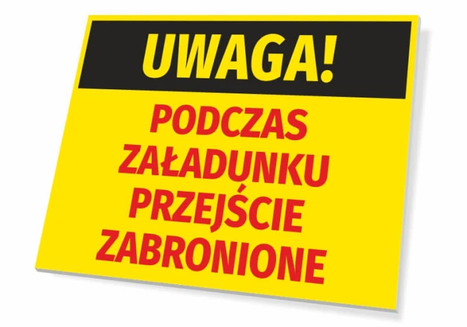 Caution: No entry during loading - Graphic design. Yellow background with black text at the top and red accents.