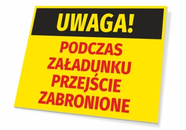Caution: No entry during loading - Graphic design. Yellow background with black text at the top and red accents.