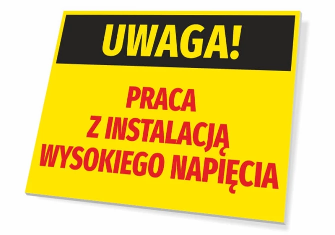Warning sign for high voltage work - Rectangular sign with yellow background and black text.