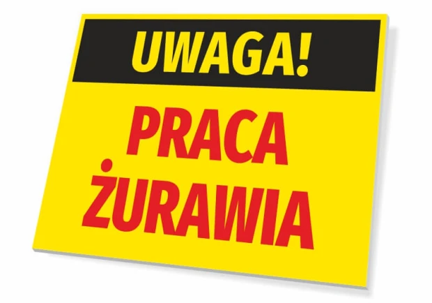 Caution Crane Work Sign - Graphic design with yellow background, black "CAUTION!" and red "CRANE WORK" text.
