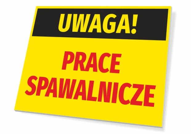 Warning Welding Work Sign - Rectangular sign with yellow background, black text, and red accents.