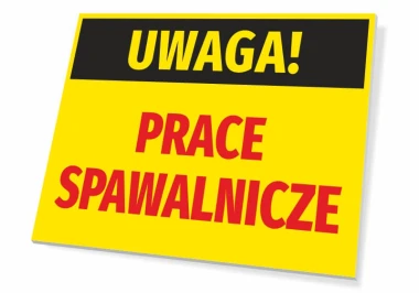 Warning Welding Work Sign - Rectangular sign with yellow background, black text, and red accents.