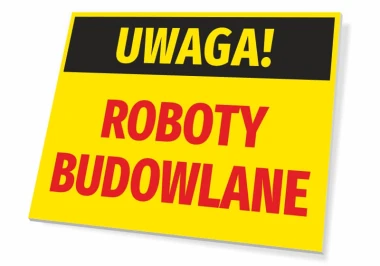 Caution Construction Work Sign - Rectangular sign with yellow background, black text, and red accents.
