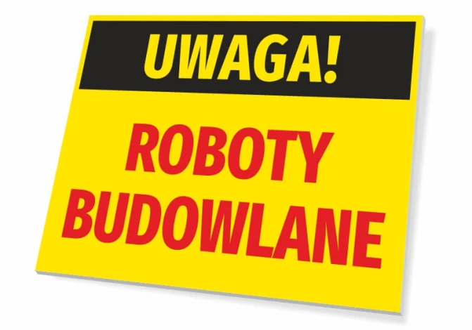 Caution Construction Work Sign - Rectangular sign with yellow background, black text, and red accents.