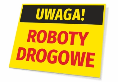 Caution Road Works Sign - Graphic design with yellow background, black text "Caution," and red "Road Works" letters.