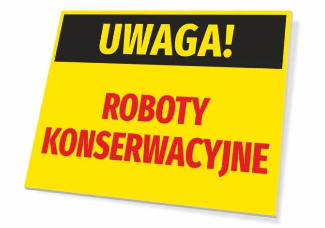 Caution Maintenance Sign - Rectangular sign with yellow background, black text, and red accents.