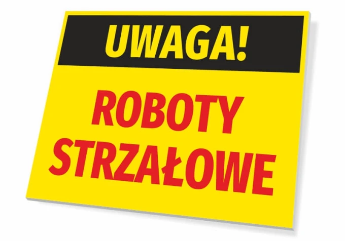 Caution: Shooting Works sign - graphic design with yellow background, black "Caution" text, and red "Shooting Works" letters.